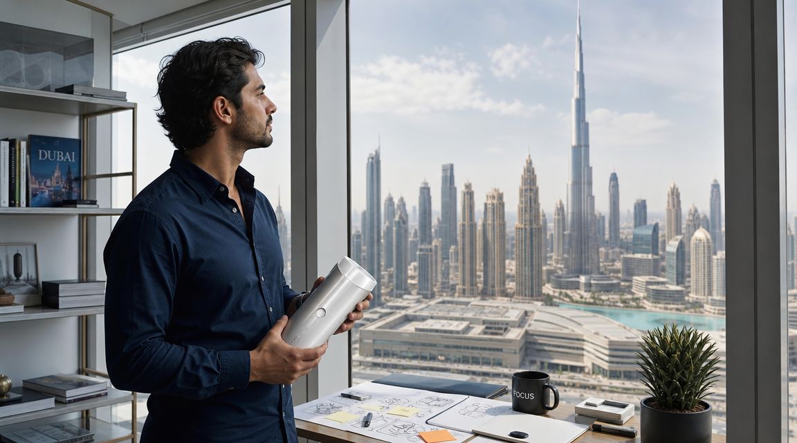 A professional man stands in a modern office overlooking the iconic Burj Khalifa skyline in Dubai.