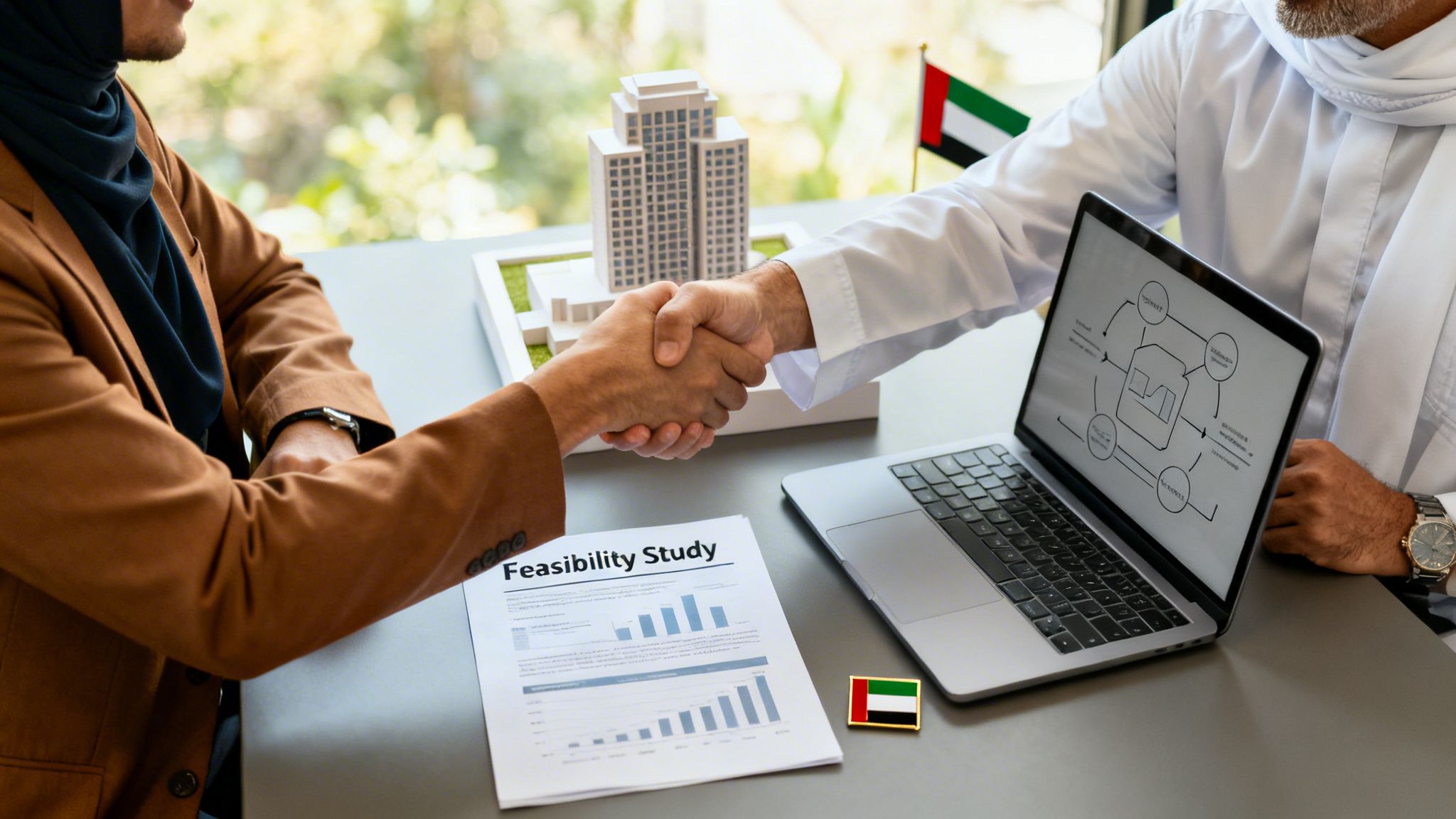 Two business professionals shaking hands over a feasibility study document with a building model and UAE flags.