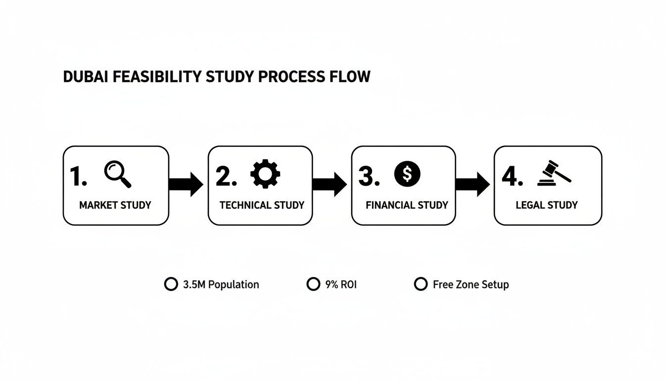 Flowchart illustrating the Dubai feasibility study process with market, technical, financial, and legal steps, and key considerations.