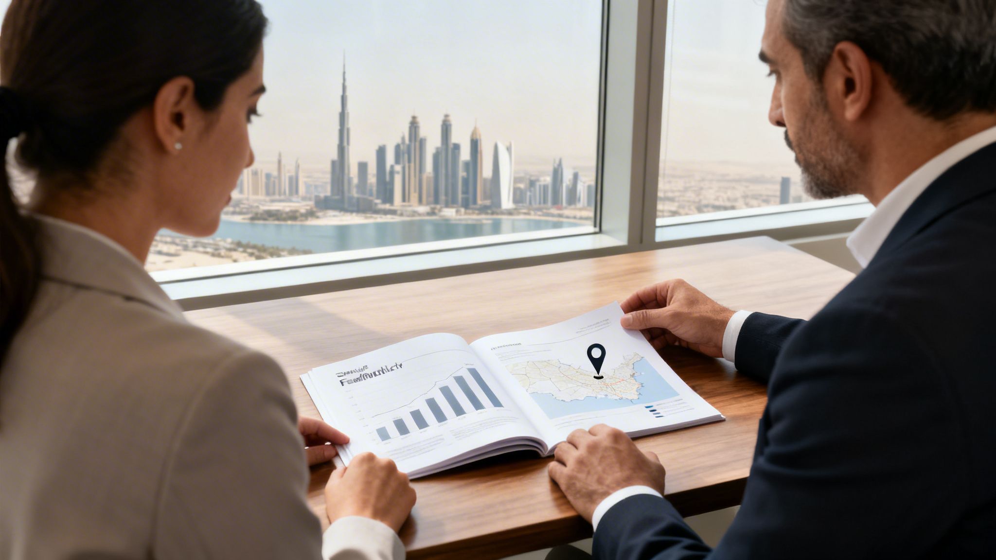 Two professionals review a business report with charts and a map, overlooking the Dubai skyline.