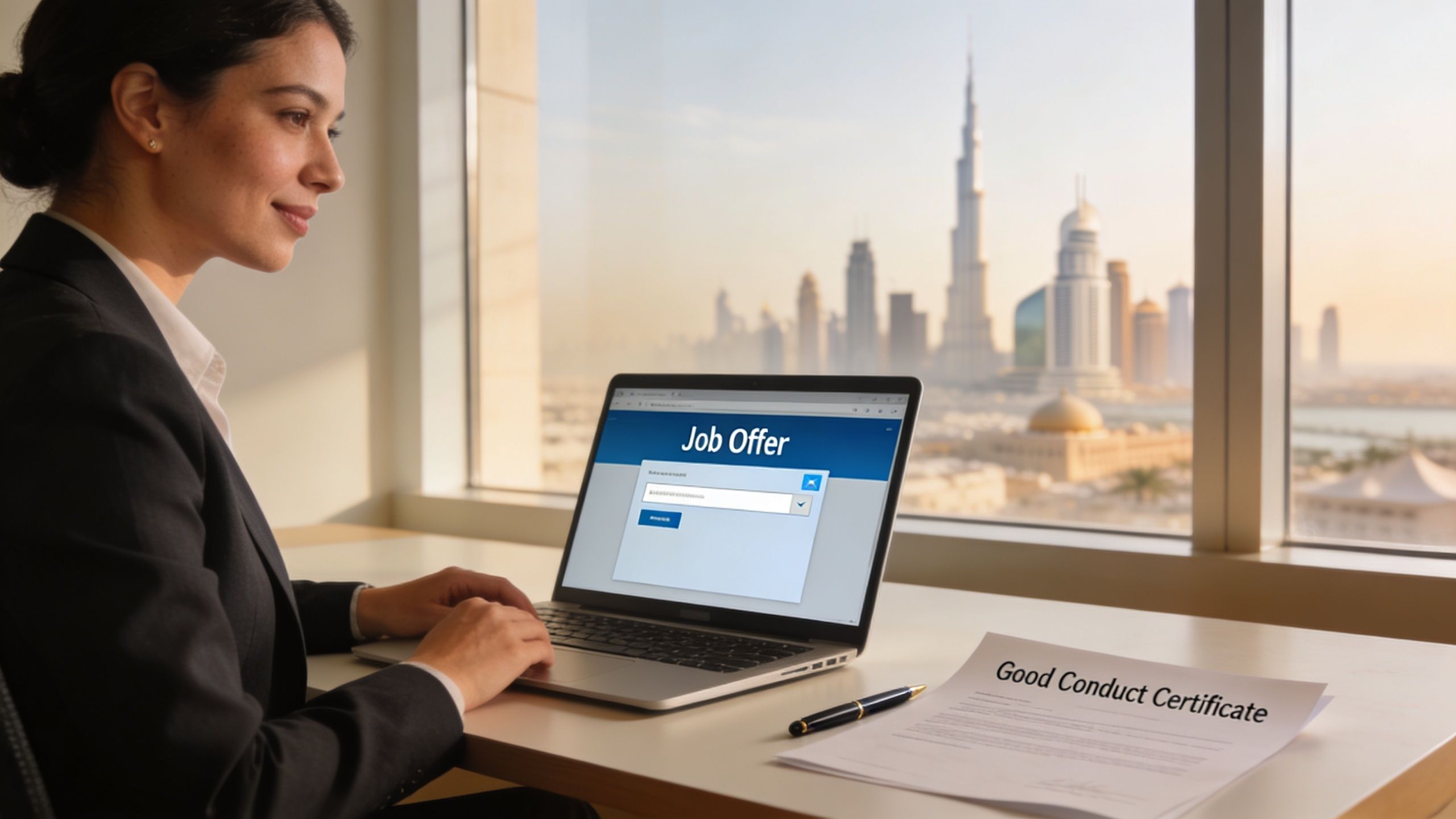 A professional woman in a suit works on a laptop, with a Good Conduct Certificate document nearby.