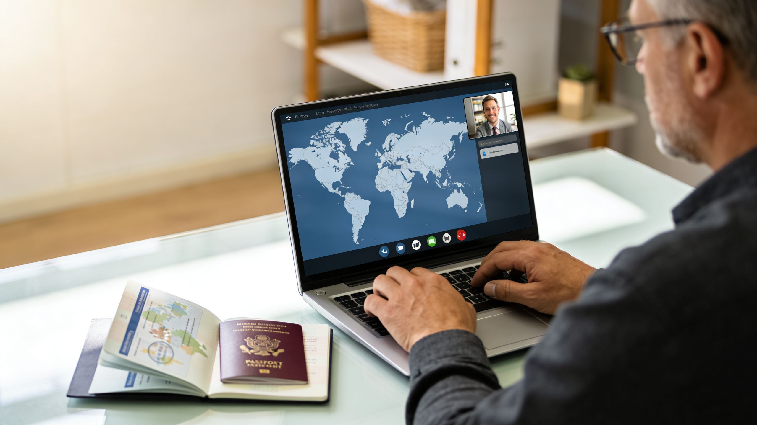 A professional man participates in a video call on his laptop while preparing documents and a passport.