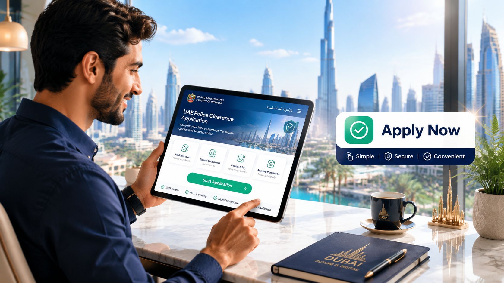 A man in a modern office uses a tablet to apply for a UAE Police Clearance certificate online.