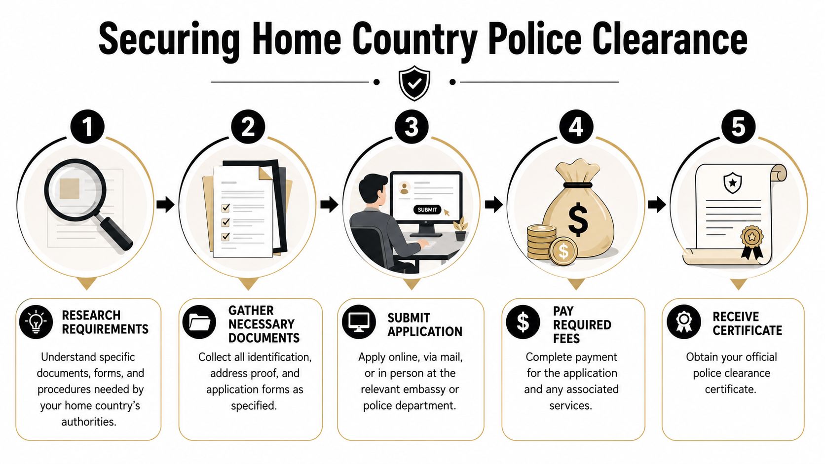 A five-step infographic illustrating the process of securing a home country police clearance certificate.