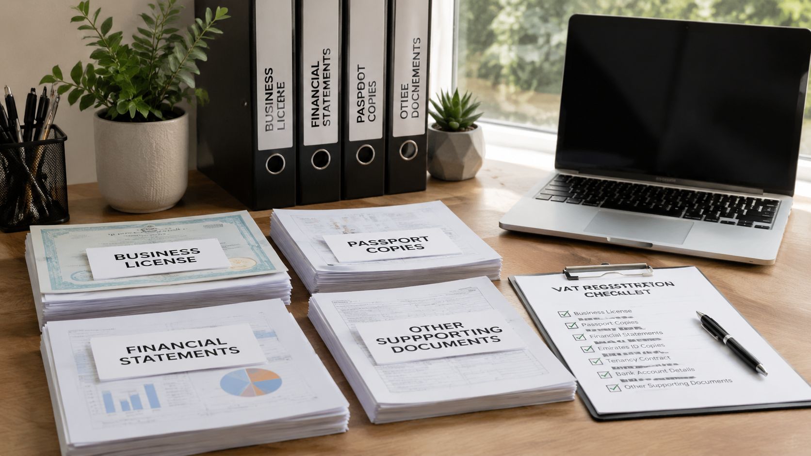 A professional desk setup with stacks of documents labeled for VAT registration alongside a laptop.