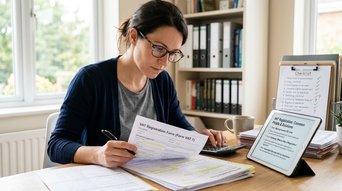A professional woman working at a desk reviewing a VAT registration form with a digital tablet nearby.