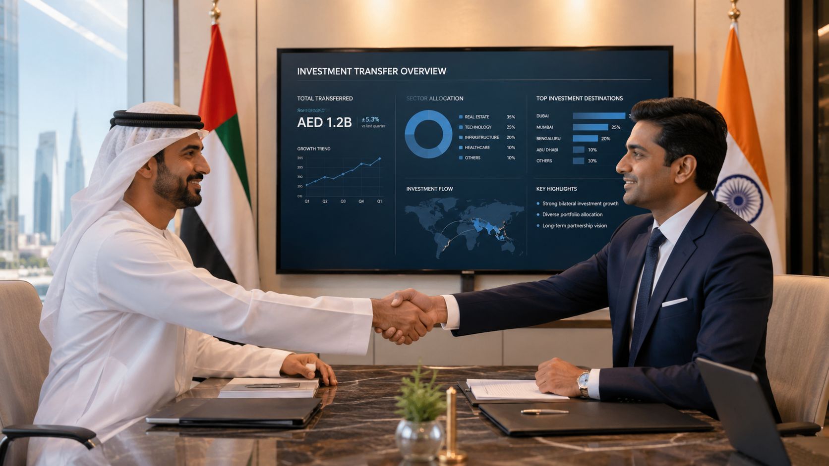 Two professional businessmen from the UAE and India shaking hands in front of an investment data screen.