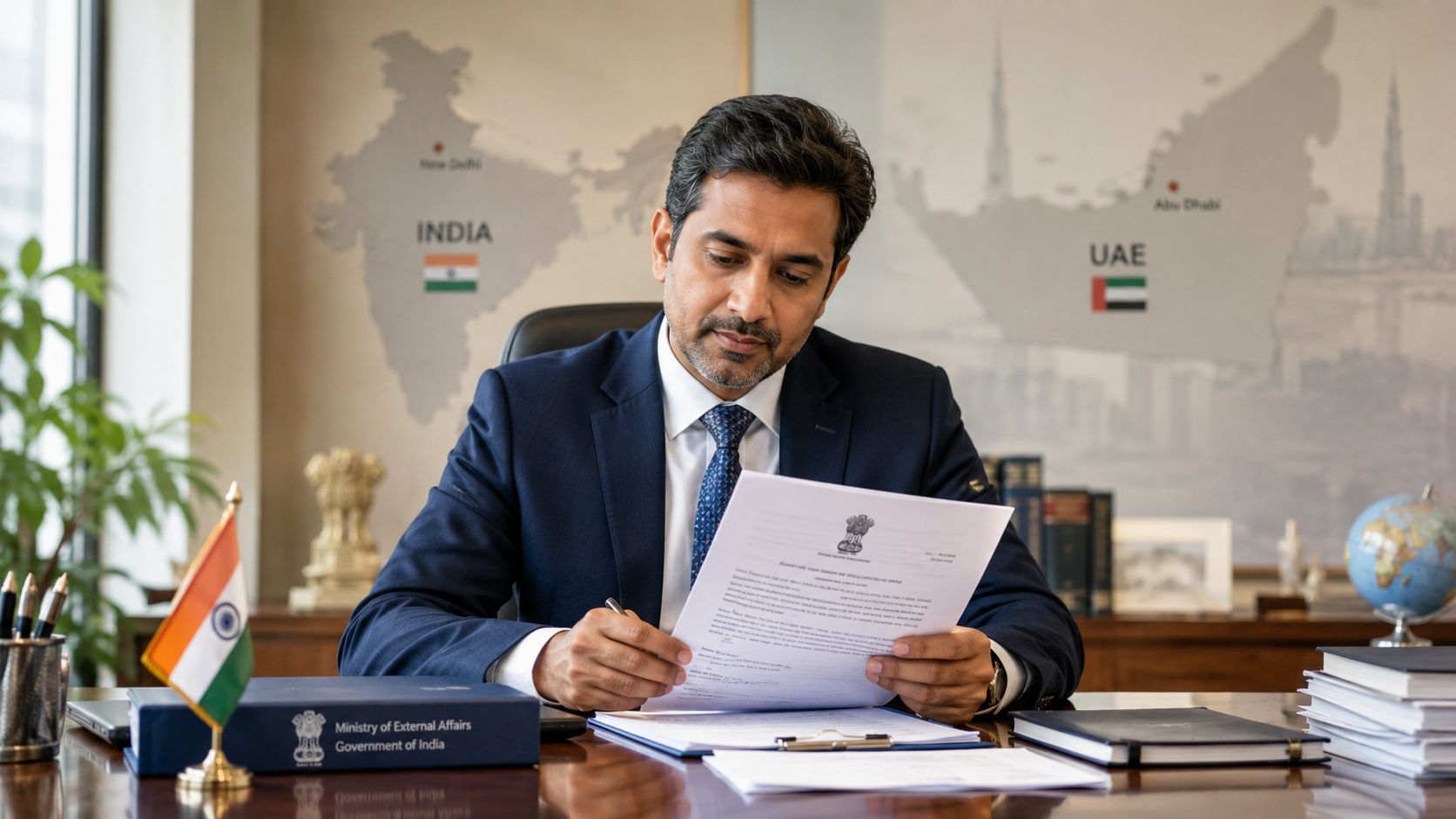 A professional man sitting at an office desk with India and UAE map in the background.