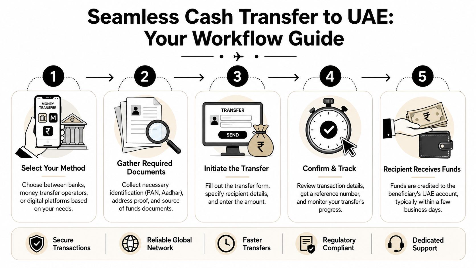 A five-step infographic guide detailing the workflow for securely transferring money from India to the UAE.