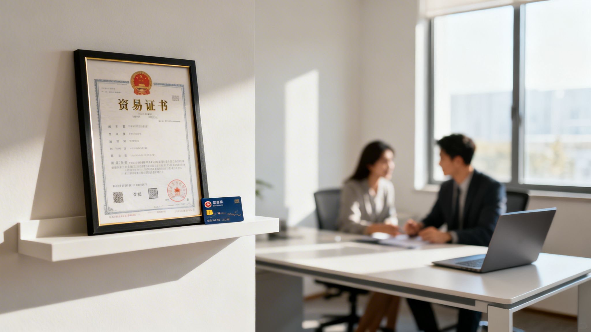 Framed certificate and credit card on a shelf, with two blurred professionals working in a sunlit office.