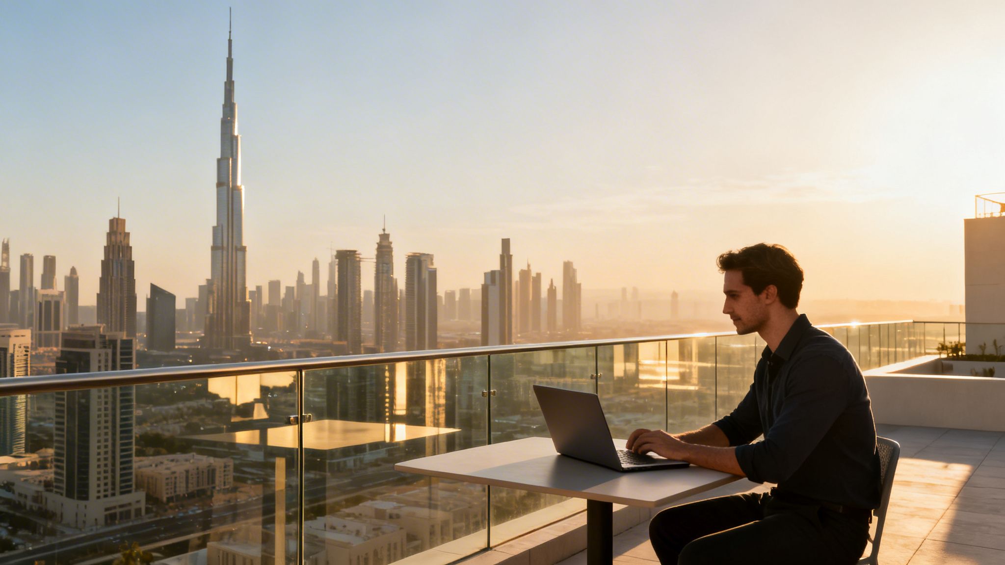 Man working on a laptop on a rooftop balcony with Dubai skyline and Burj Khalifa at sunset.