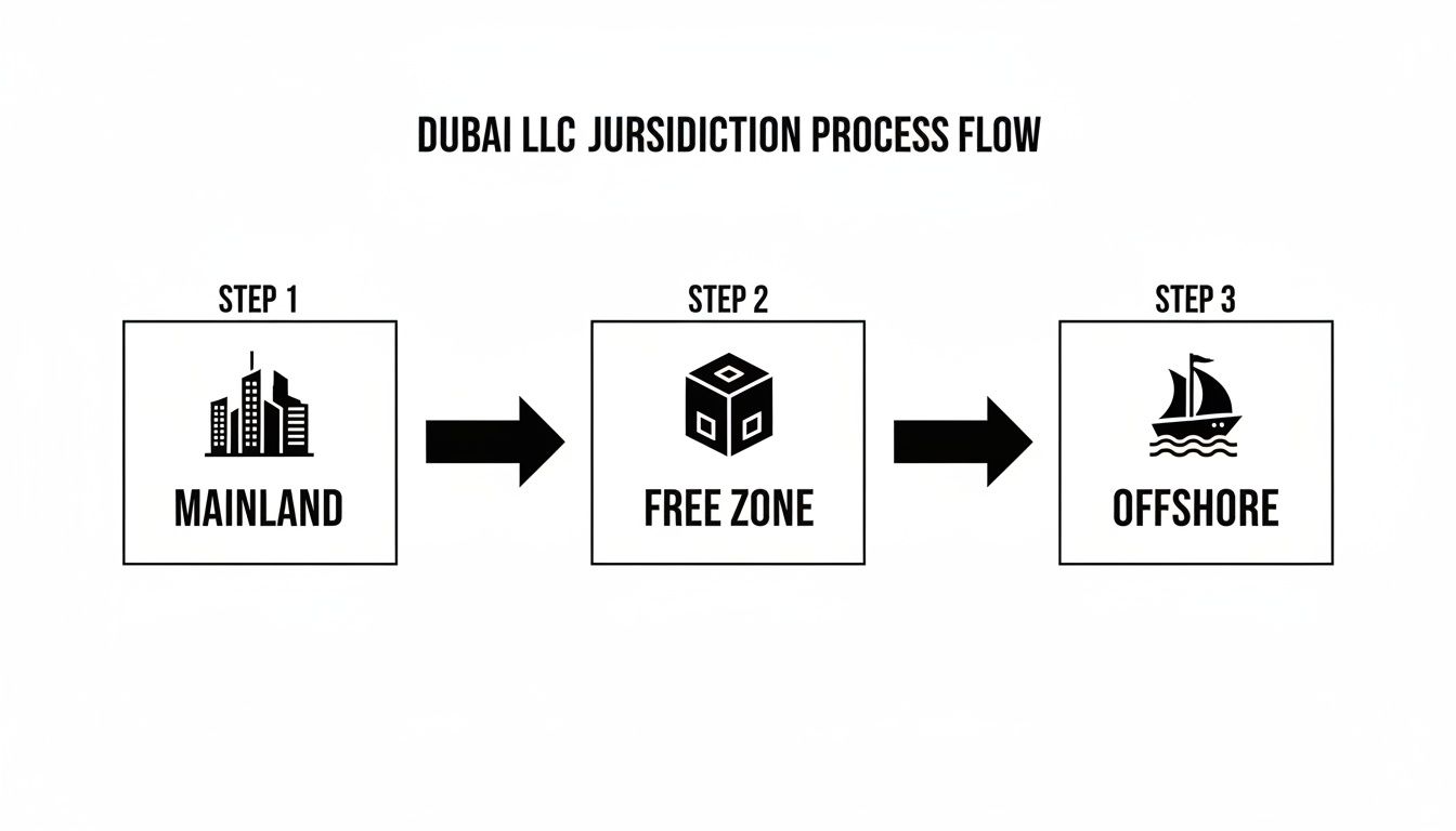 Flowchart showing Dubai LLC jurisdiction process steps: Mainland, Free Zone, Offshore.
