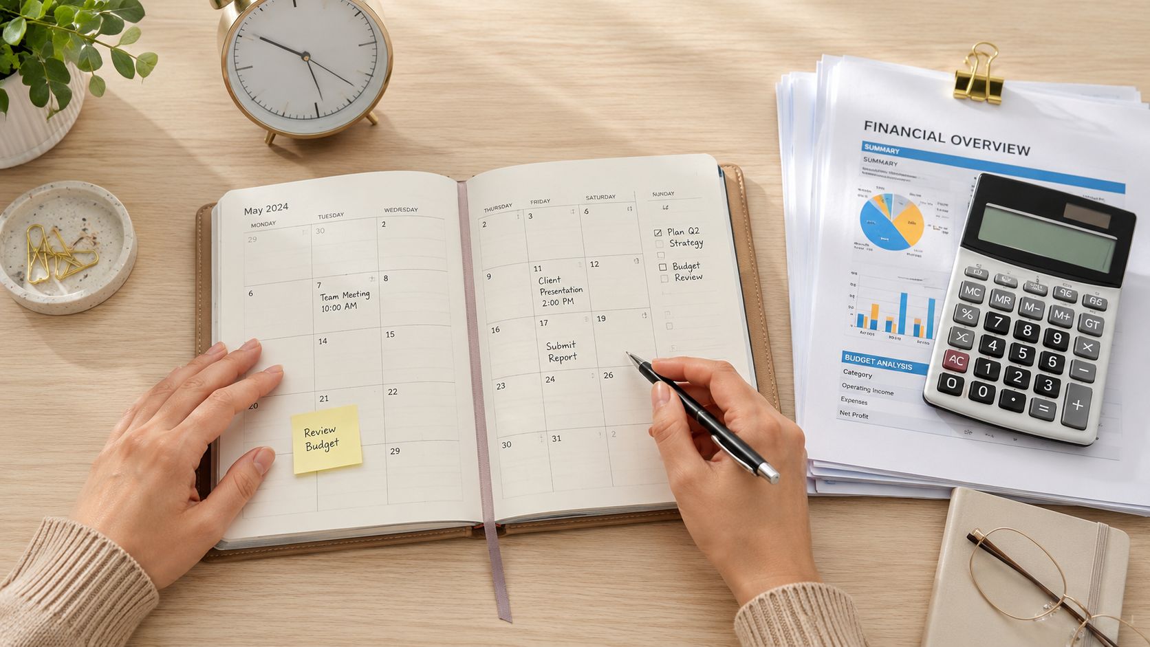 A person writing in a business planner surrounded by financial charts, a calculator, and office supplies.