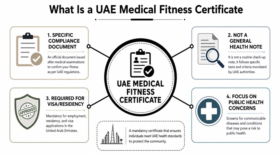 An infographic titled What Is a UAE Medical Fitness Certificate explaining its purpose, requirements, and health focus.