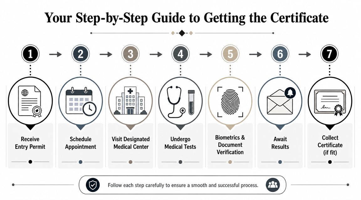 A seven-step infographic showing the process for obtaining a medical fitness certificate for immigration or visa purposes.