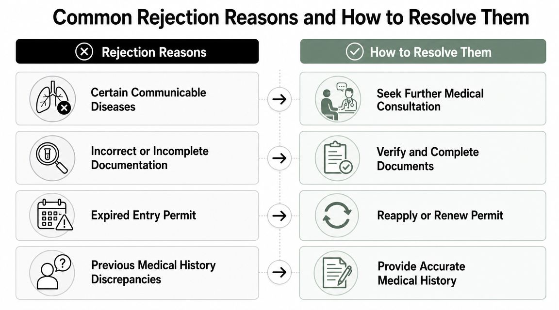A diagram illustrating common medical fitness certificate rejection reasons and actionable steps to resolve them.
