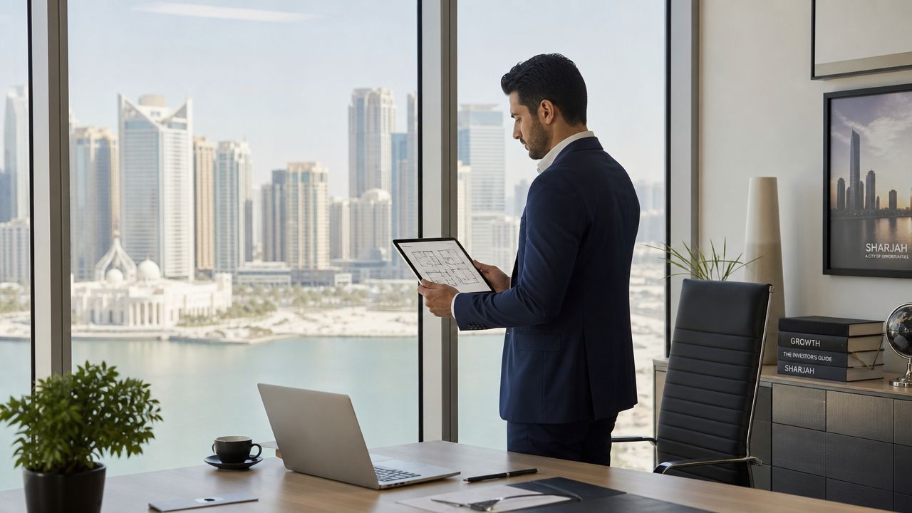 A professional man in a business suit reviewing architectural plans on a tablet in a Sharjah office.