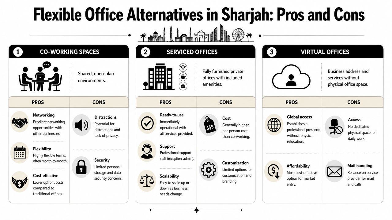 A comparison chart highlighting the pros and cons of co-working spaces, serviced offices, and virtual offices in Sharjah.
