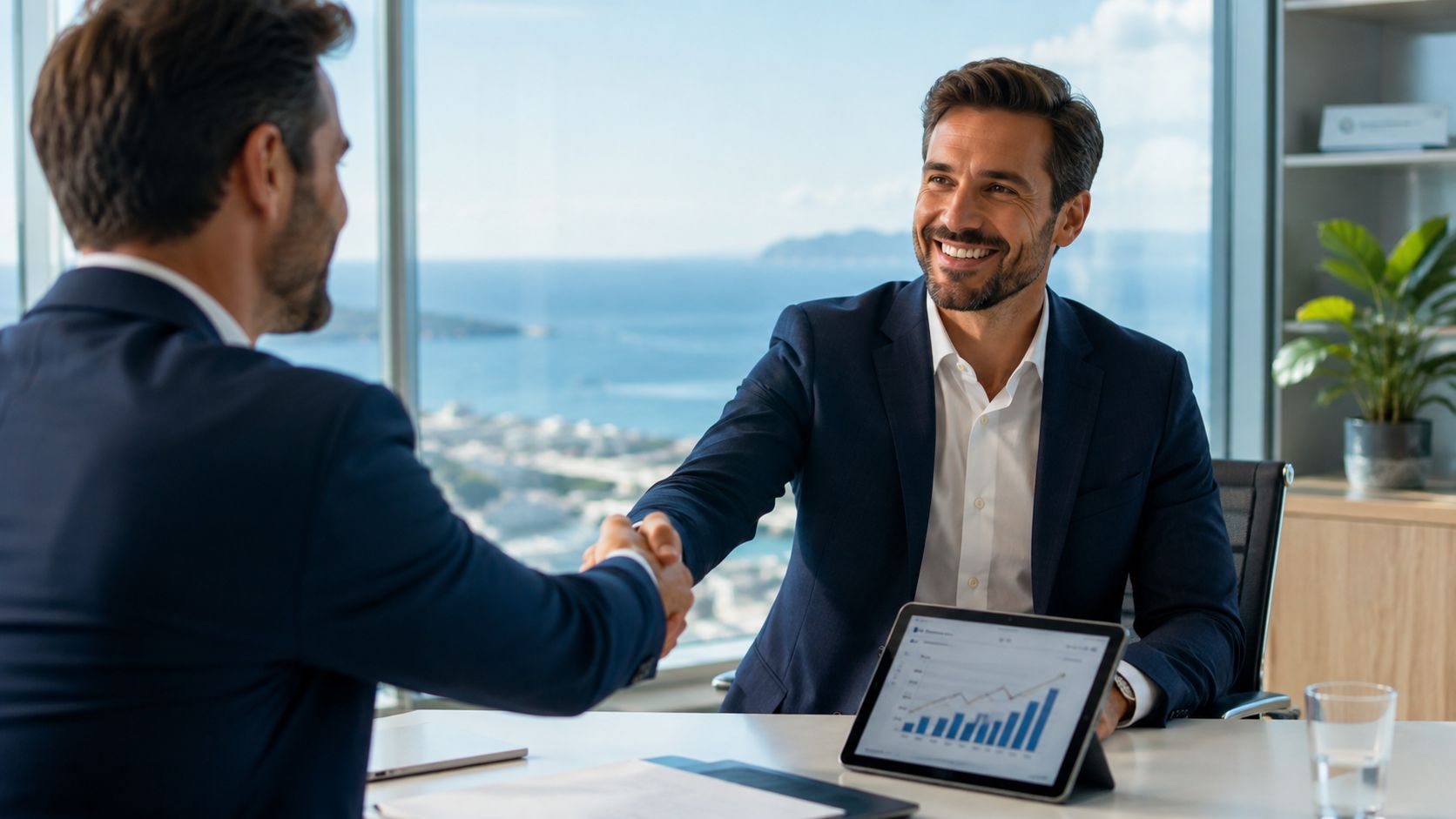A professional man shaking hands with a business partner in a sunny office with ocean views.