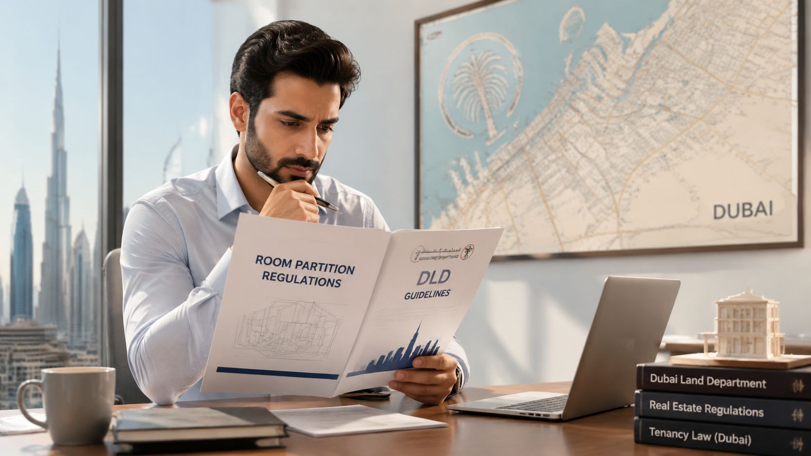 A professional man studying Dubai Land Department room partition regulations while working in his office.
