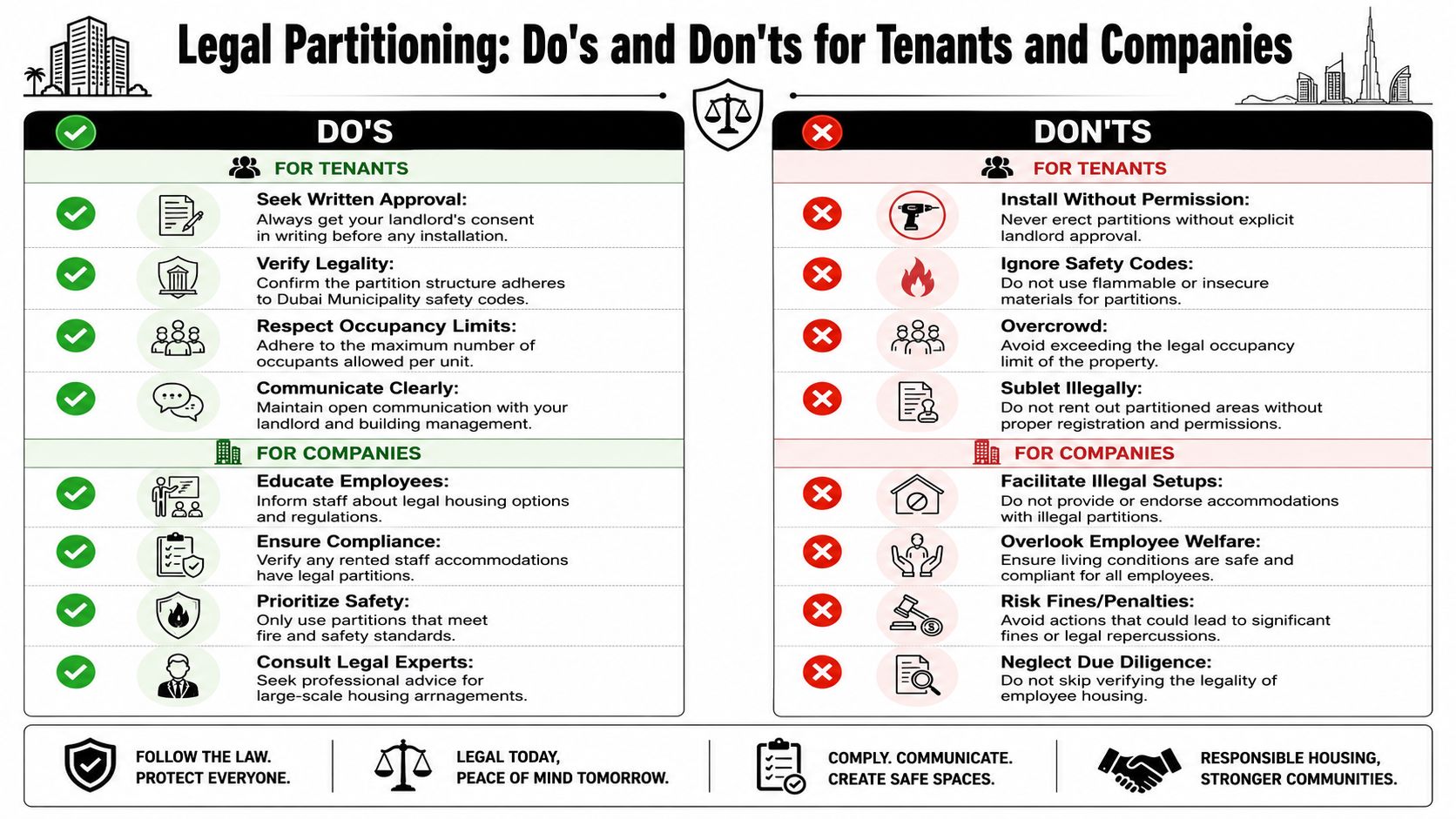 An infographic outlining the dos and don'ts of legal partitions for tenants and companies in Dubai.