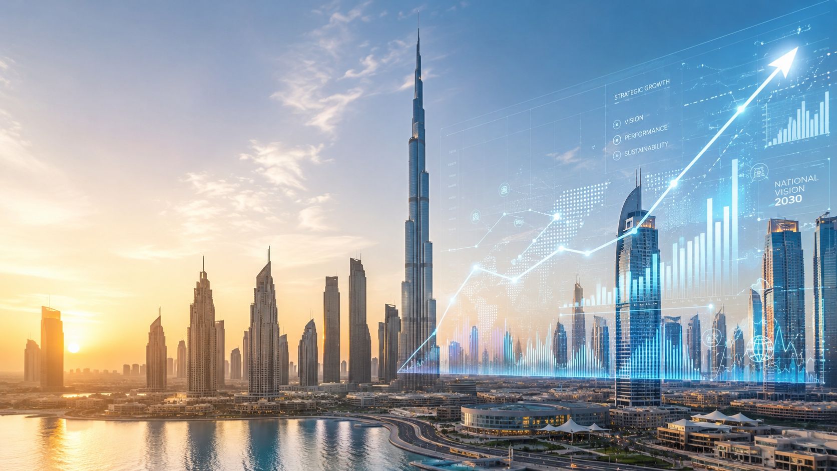 A scenic view of the Dubai skyline at sunset overlaid with digital performance management growth charts.