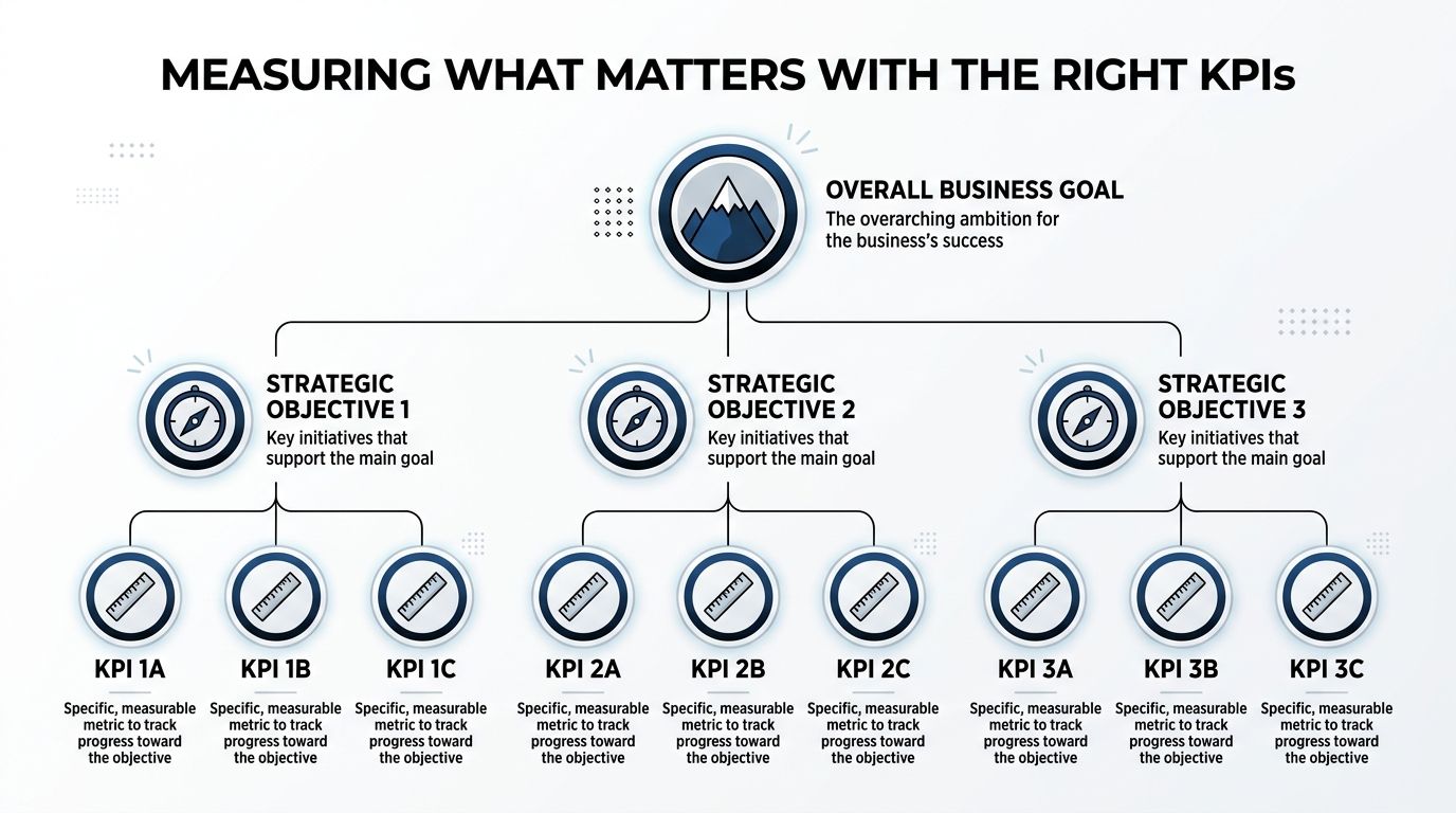 A diagram illustrating a business goal framework with strategic objectives and measurable KPIs arranged in a hierarchy.