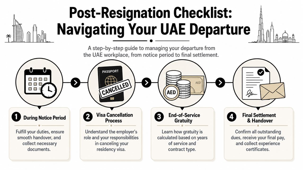 An infographic titled Post-Resignation Checklist outlining four steps for employees leaving their jobs in the UAE.