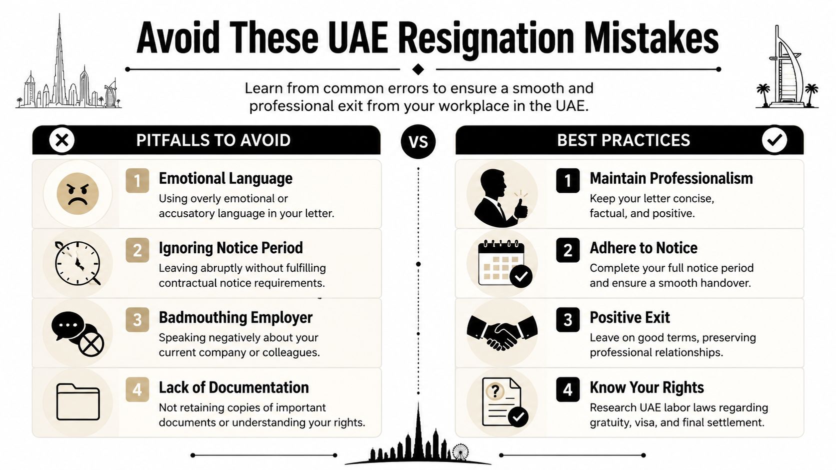 An infographic showing common resignation pitfalls versus professional best practices for employees working in the UAE.