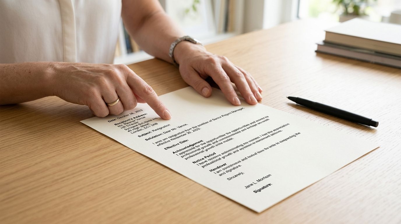A person's hands resting on a desk while pointing at a professional resignation letter printed on paper.
