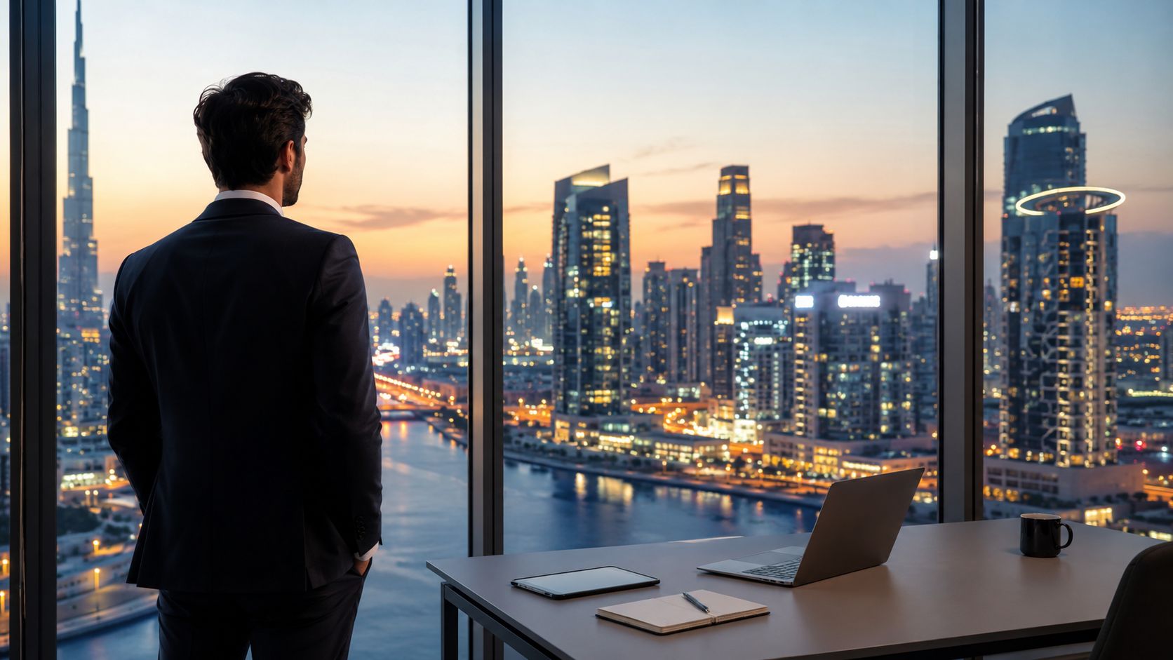 A professional businessman in a suit looks out from a high-rise office window at Dubai cityscape.