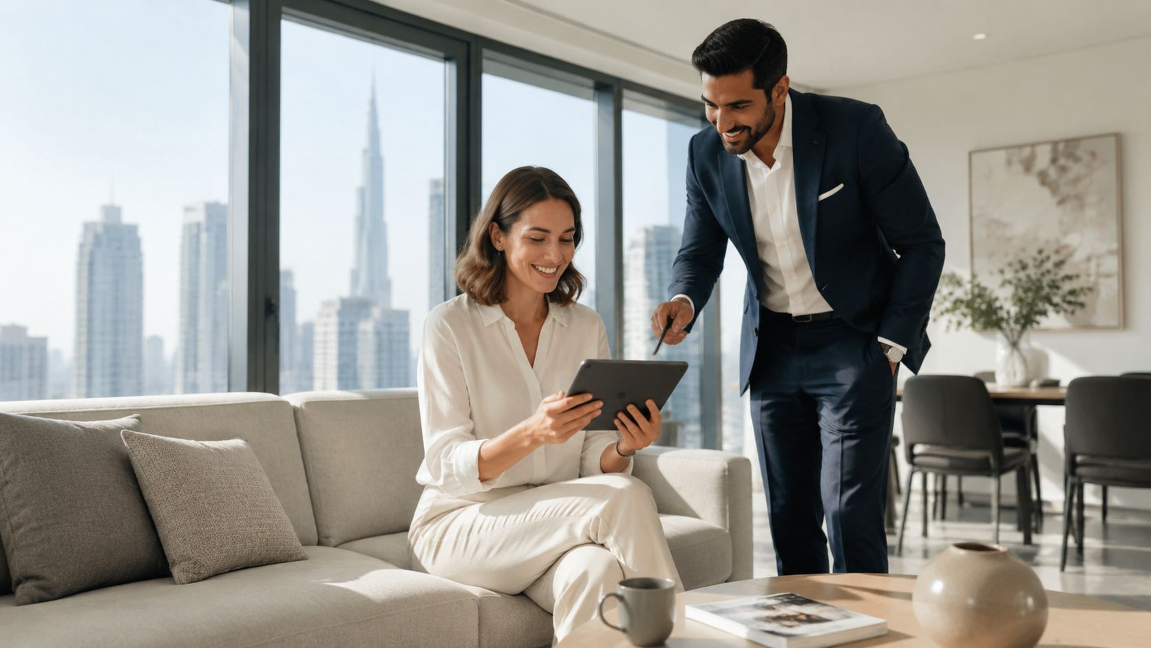 A professional man and woman discussing real estate on a tablet in a luxury apartment, Business Bay.