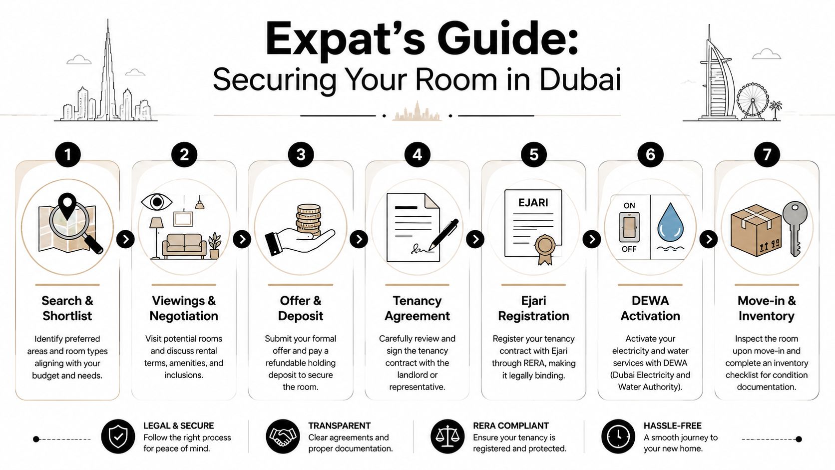 An infographic titled Expat's Guide: Securing Your Room in Dubai detailing a seven-step rental process.