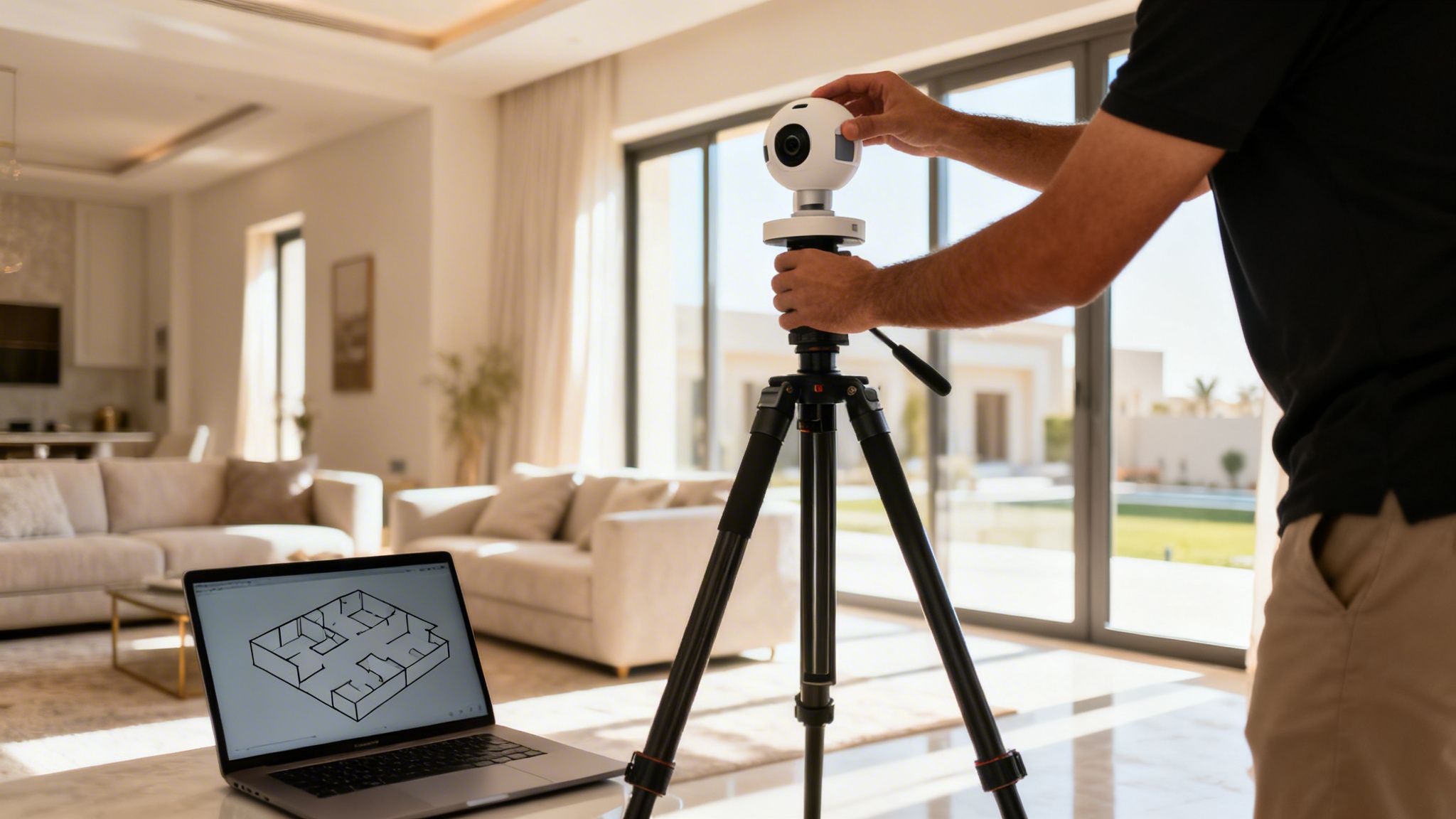 A person sets up a 360 camera on a tripod in a bright, modern living room with a floor plan on a laptop.