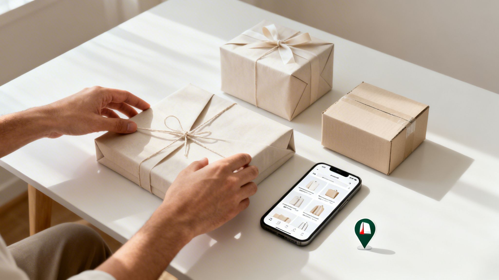 A person's hands wrap a gift box on a white table with other packages and a smartphone.