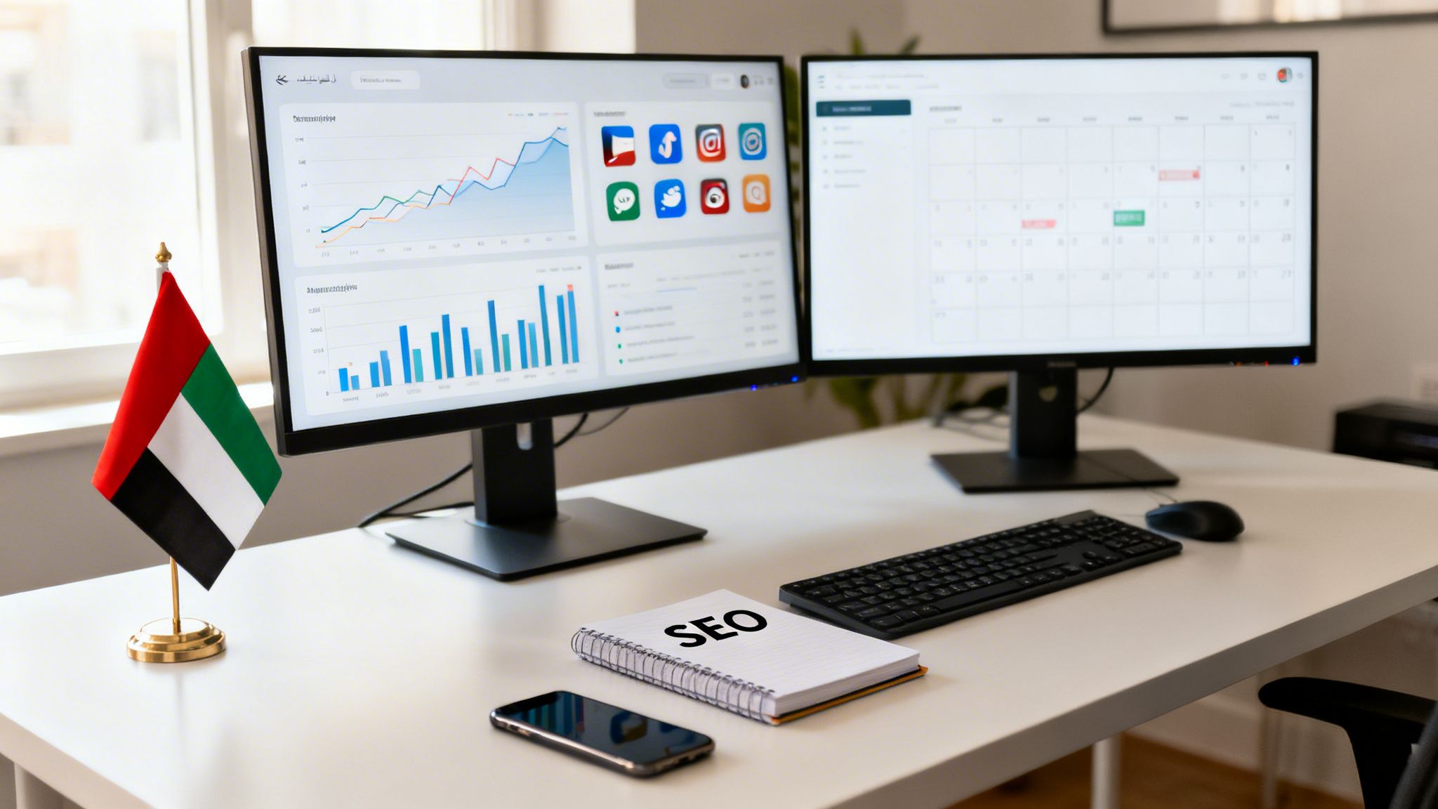 A desk with two computer monitors displaying charts and a calendar, a notebook with 'SEO' written, and a UAE flag.
