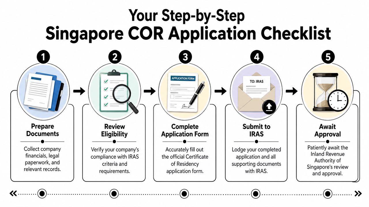 A five-step checklist infographic outlining the application process for a Singapore Certificate of Residency.
