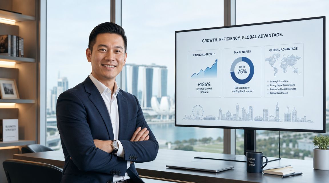 A smiling businessman standing in a modern office with a presentation screen detailing business growth and advantages.