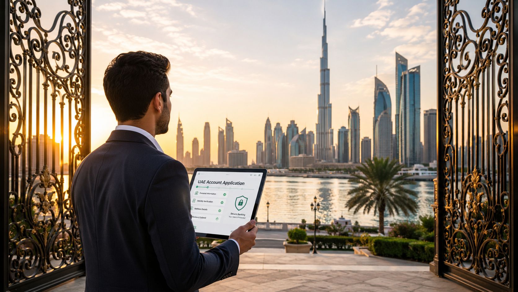 A businessman overlooking the Dubai skyline while completing an online UAE bank account application on a tablet.