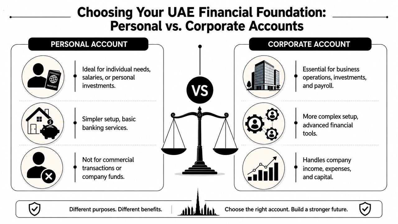 A comparison chart outlining the key differences between personal and corporate bank accounts in the UAE.