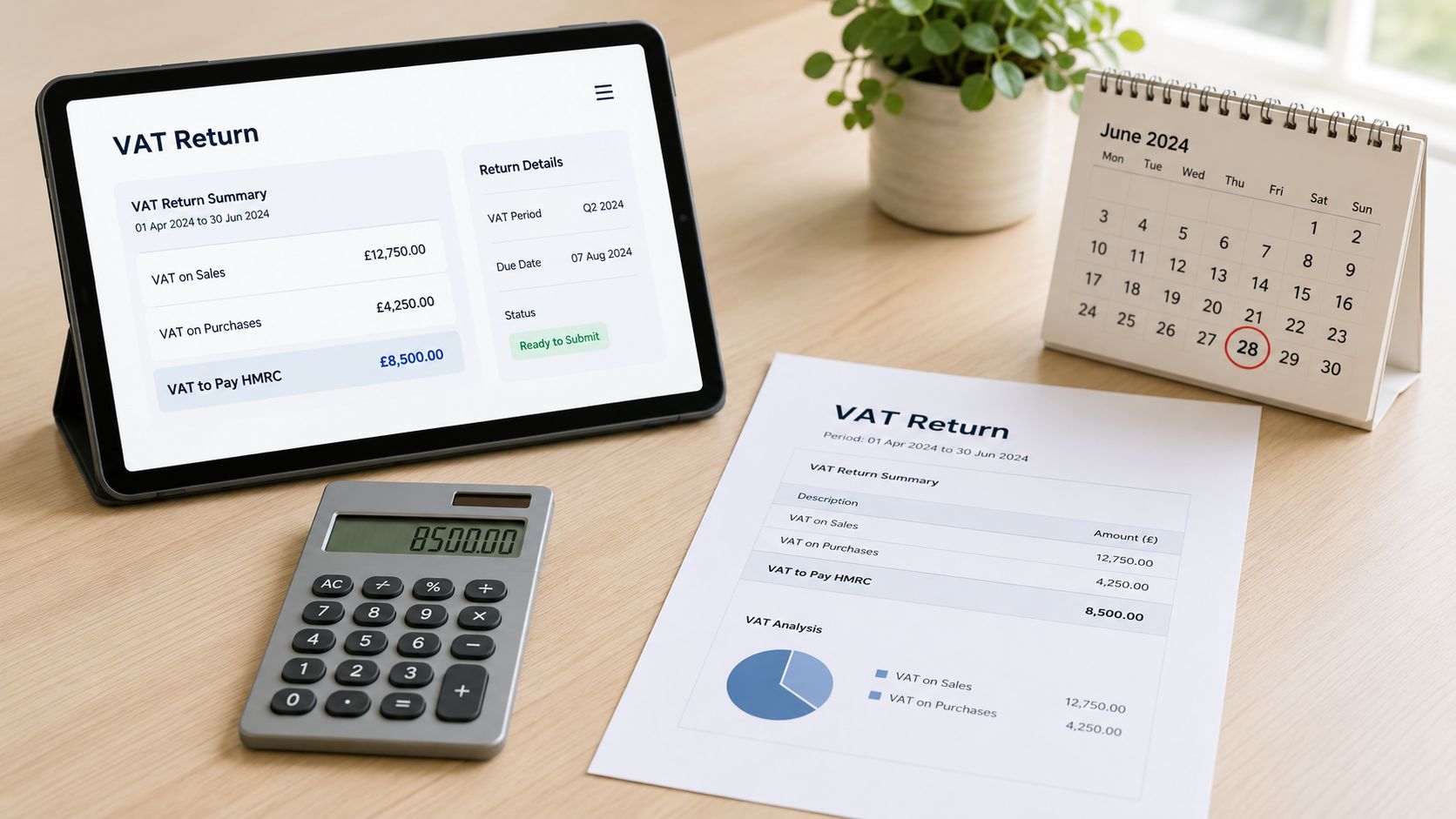 A digital tablet, a printed report, and a calculator on a desk for vat compliance planning.