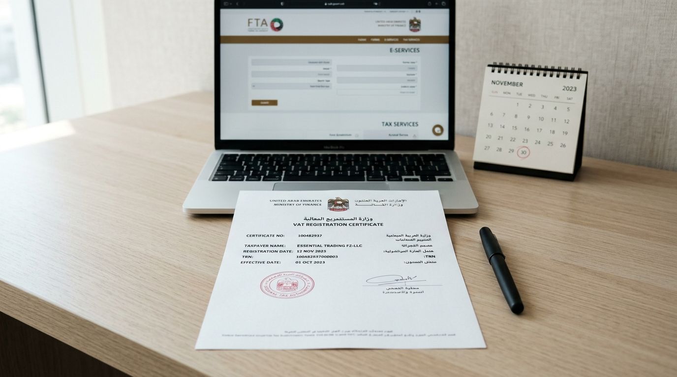 A professional VAT registration certificate for Essential Trading FZ-LLC displayed on a desk with a laptop and calendar.