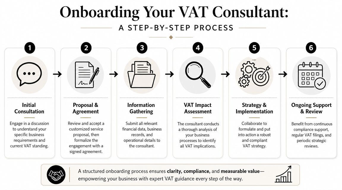 A six-step infographic outlining the professional onboarding process for a VAT consultant and business compliance.