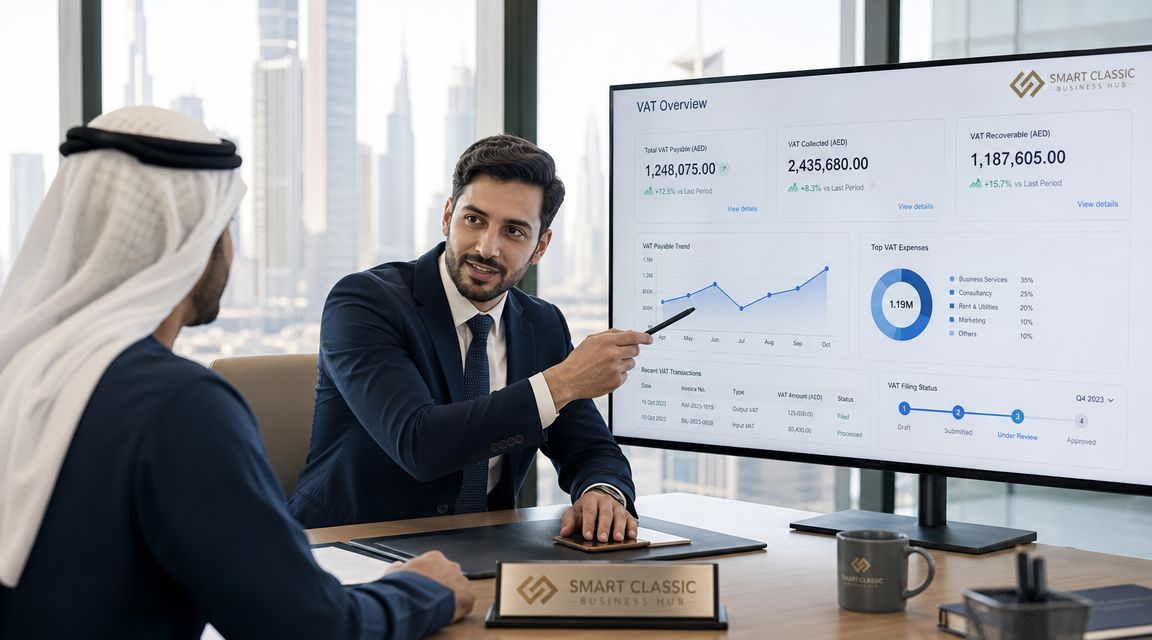 A professional business consultant discussing VAT analytics on a digital dashboard with a client in Dubai.