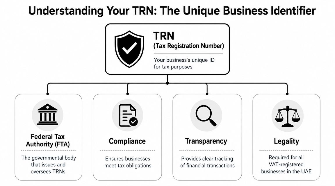 A diagram explaining that a TRN or Tax Registration Number is a unique business ID in the UAE.