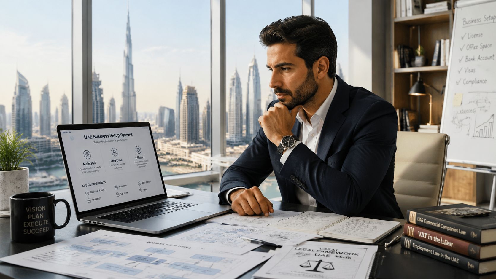 A professional businessman reviews UAE business setup options on his laptop in a high-rise office.