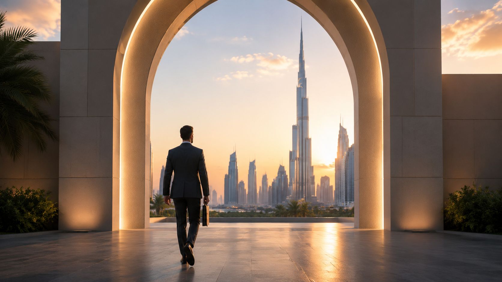 A businessman walking through an archway toward the Burj Khalifa and the Dubai skyline at sunset.