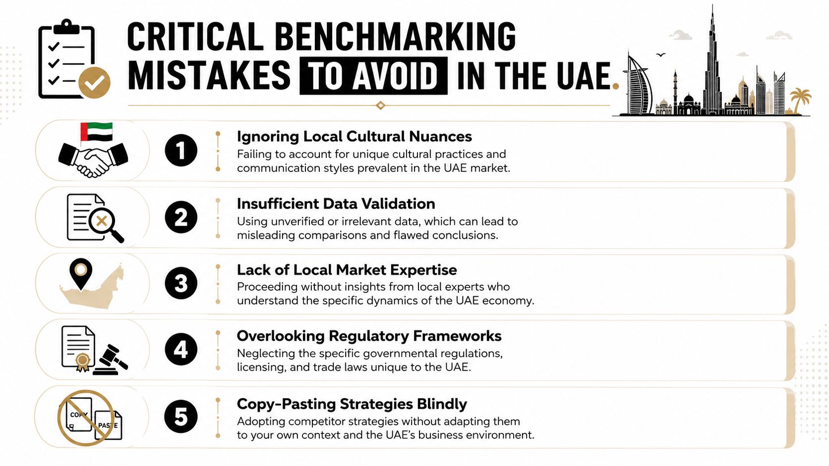 An infographic titled Critical Benchmarking Mistakes to Avoid in the UAE listing five common business errors.