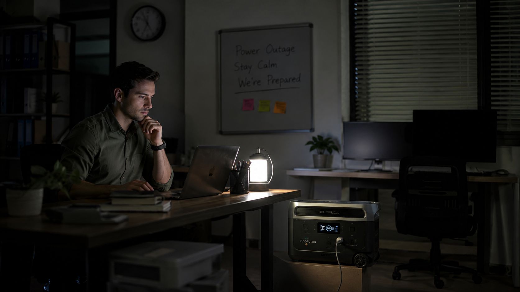 A professional working on a laptop at night using an EcoFlow portable power station for backup electricity.