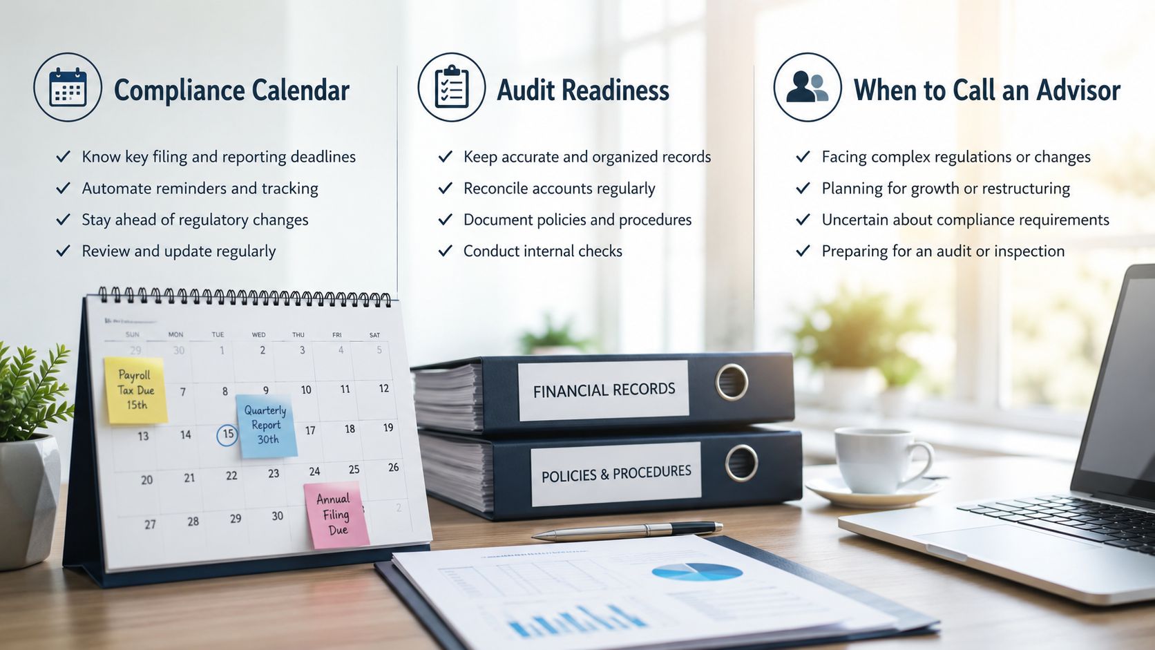 A professional desk featuring a calendar, financial binders, and an infographic about corporate compliance and audit readiness.